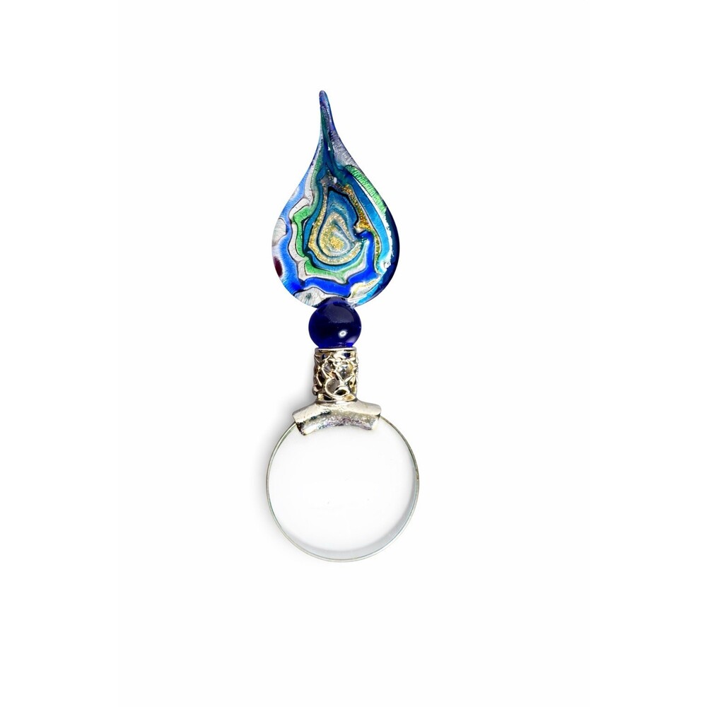 Vintage Art Glass Magnifying Glass Hand Held Red Blue Silver 5"